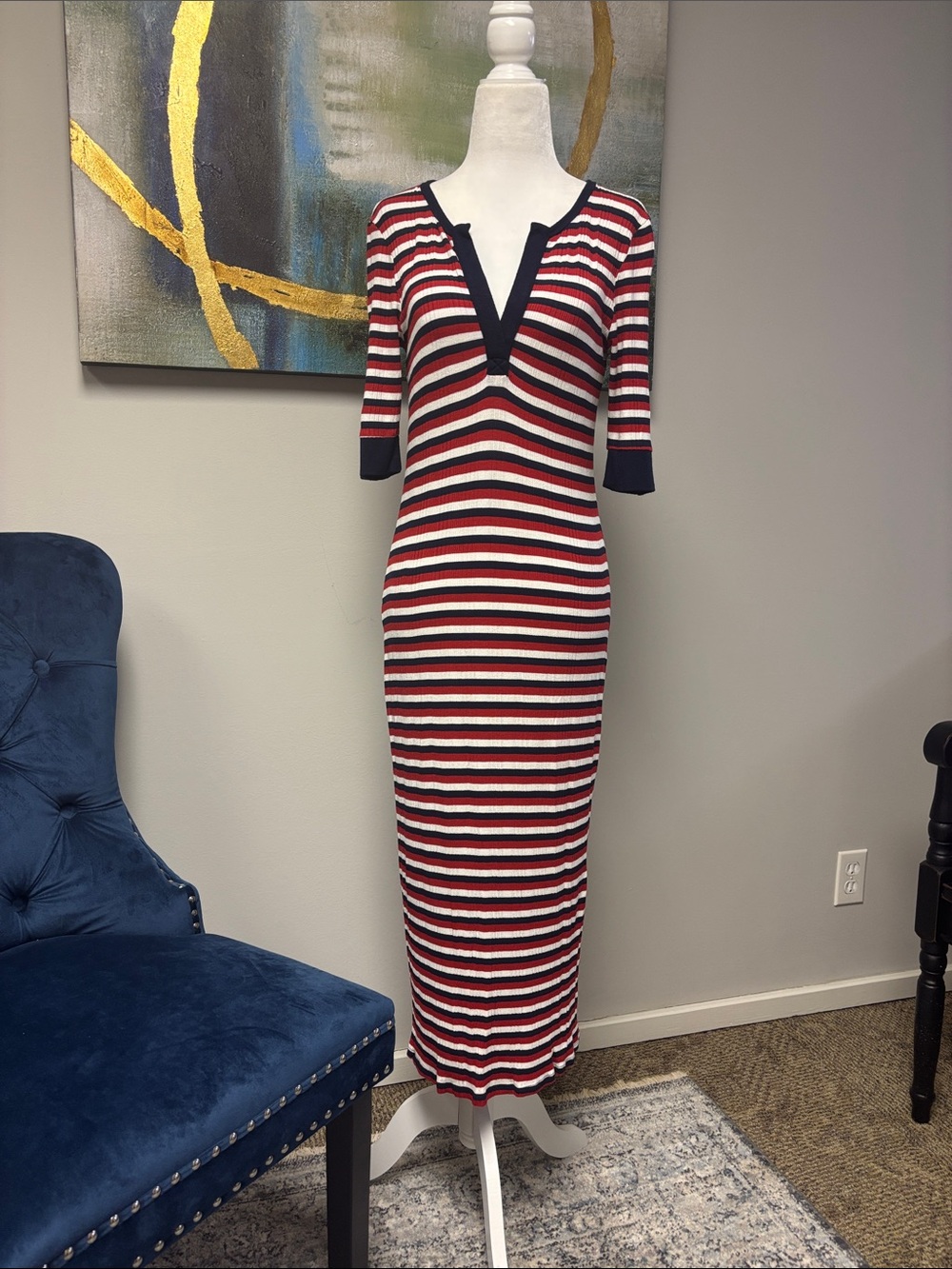 Joie Navy, Red & White Striped Rib-Knit Maxi Dress